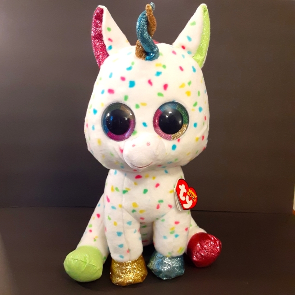 TY BEANIE BOOS HARMONIE White/Multi Speckled Unicorn Large Plush  18" RARE-NWT.